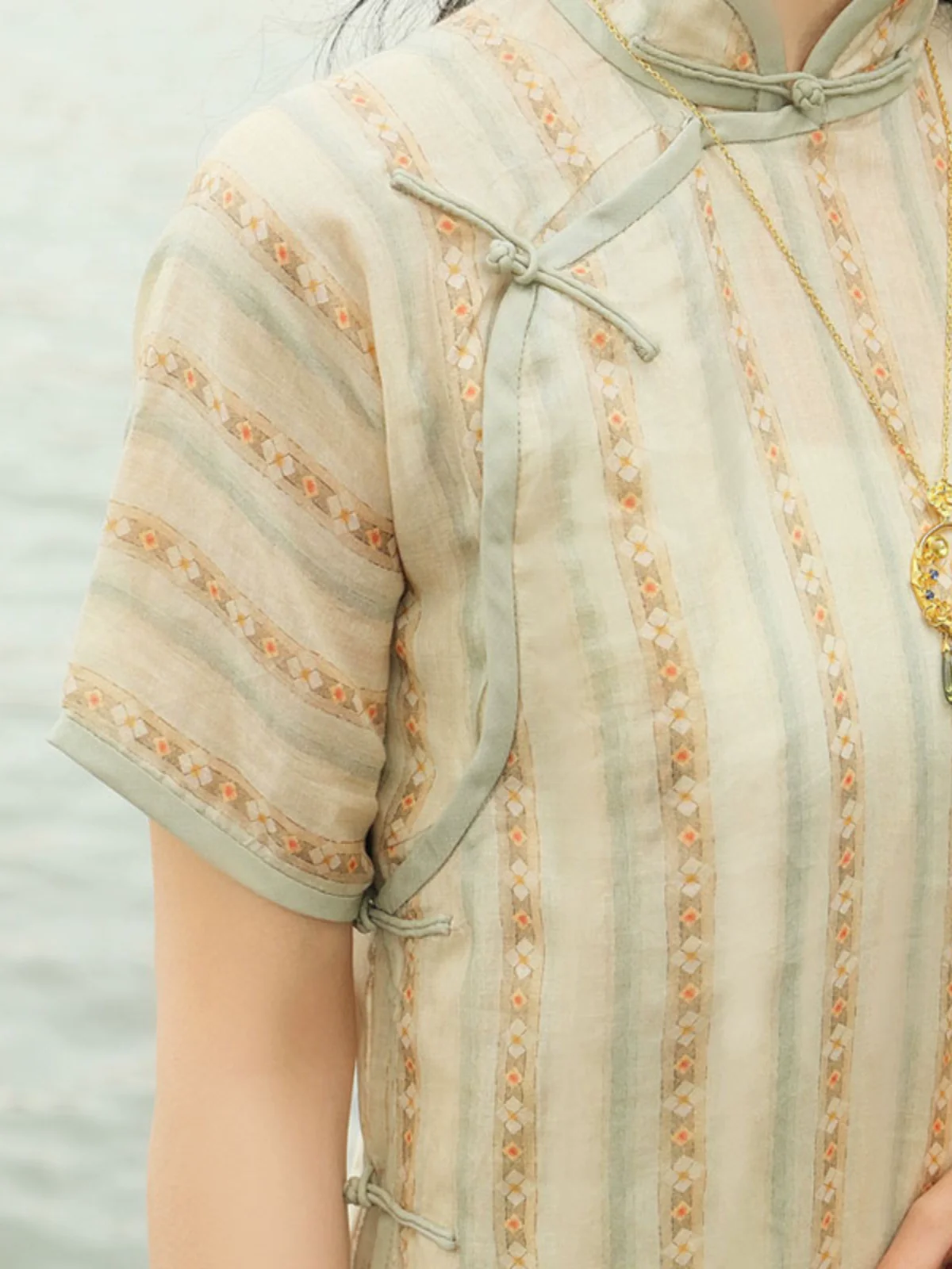 Cai Cao 采草 Gathering Herbs 1930s Double Layered Ramie Plant Short Sleeve Qipao - Image 7