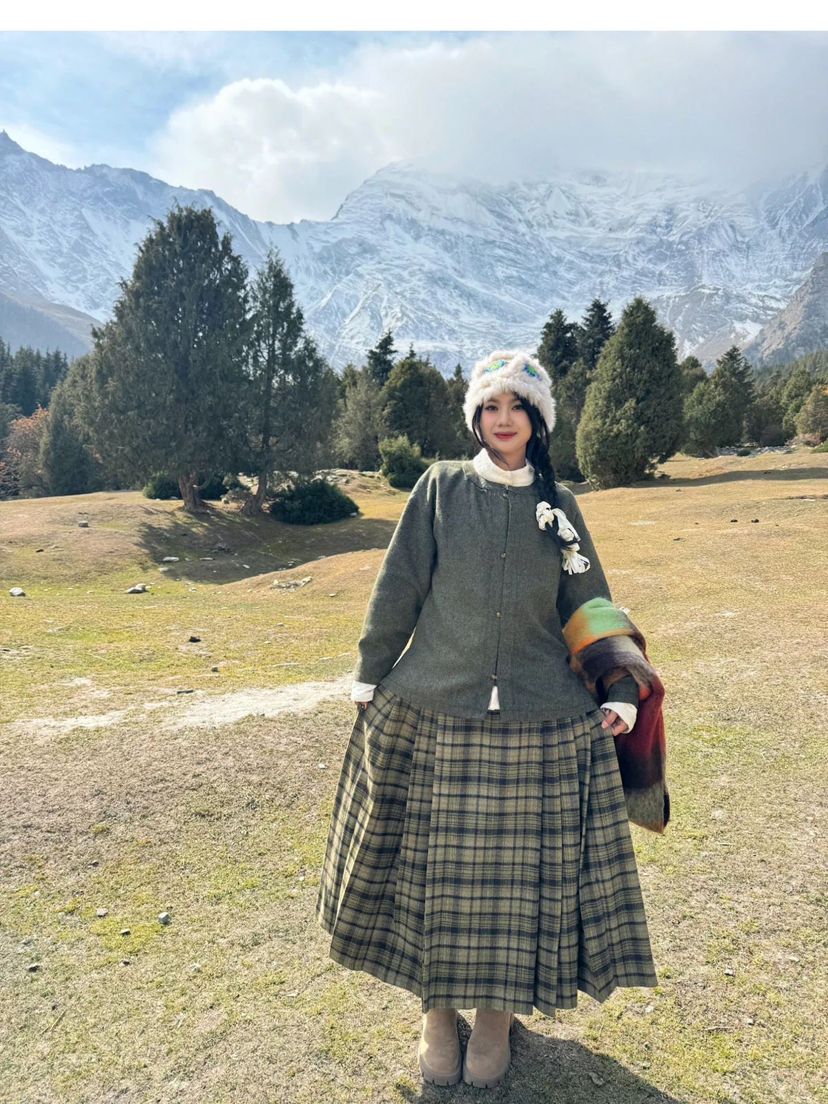 Chang Lü 常绿 Evergreen Modernized Ming Plus Size Wool Round Collar Coat & Plaid Easy Wear Mamian Skirt Set - Image 16