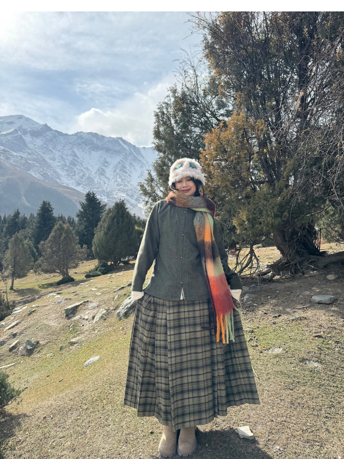 Chang Lü 常绿 Evergreen Modernized Ming Plus Size Wool Round Collar Coat & Plaid Easy Wear Mamian Skirt Set - Image 19