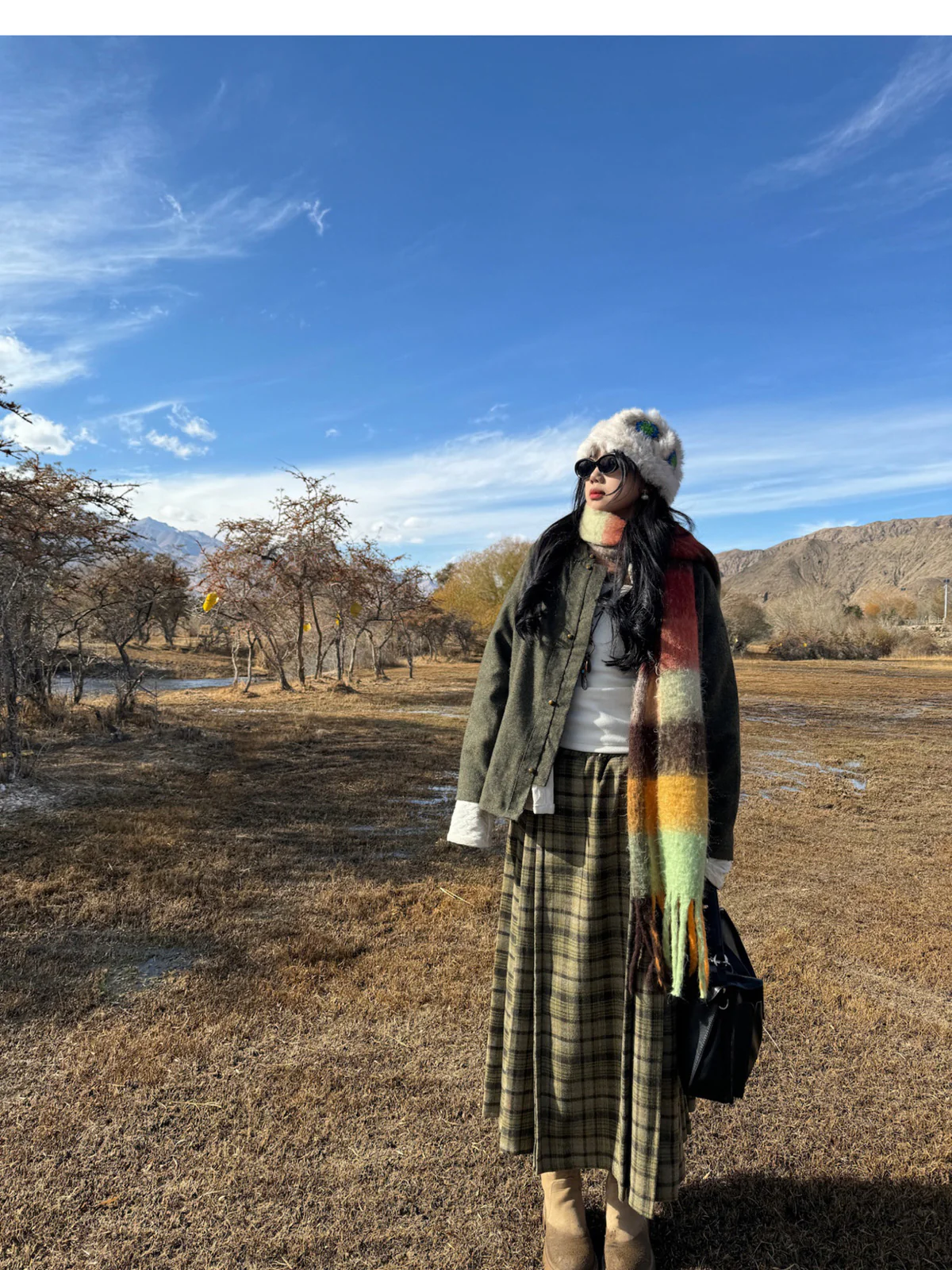 Chang Lü 常绿 Evergreen Modernized Ming Plus Size Wool Round Collar Coat & Plaid Easy Wear Mamian Skirt Set - Image 7