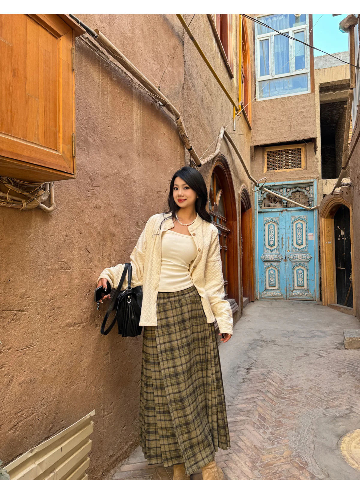 Chang Lü 常绿 Evergreen Modernized Ming Plus Size Wool Round Collar Coat & Plaid Easy Wear Mamian Skirt Set - Image 9