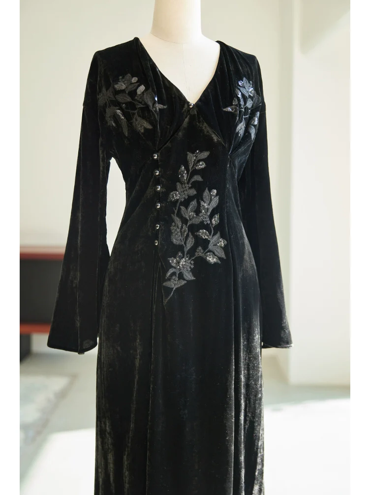 Ci Xiu 刺绣 Osmanthus Embroidery New Chinese Style Velvet Midi Dress - Image 23