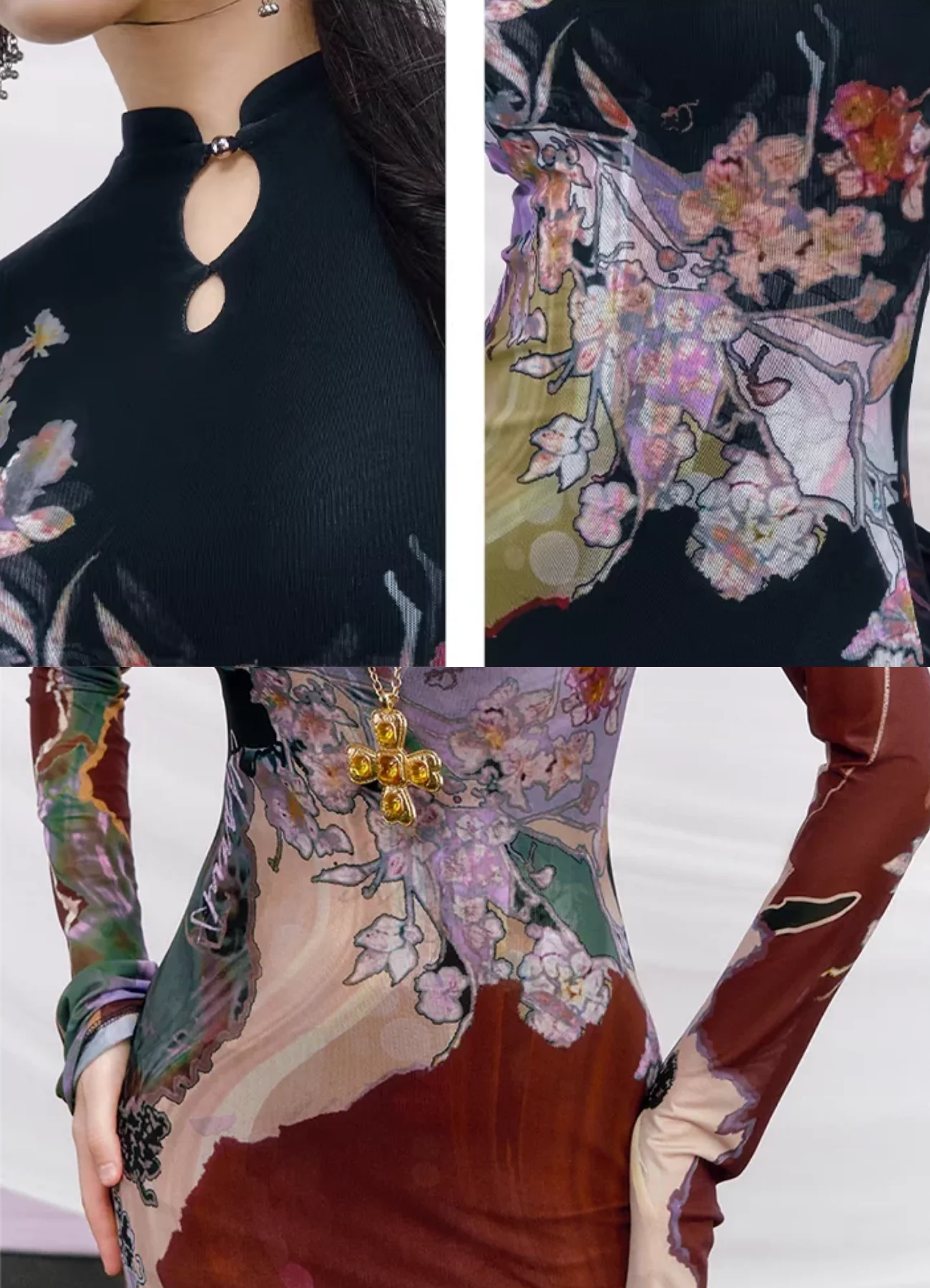 Du Sancai 度三彩 Tricolor Pottery New Chinese Style Long Sleeve Qipao - Image 11