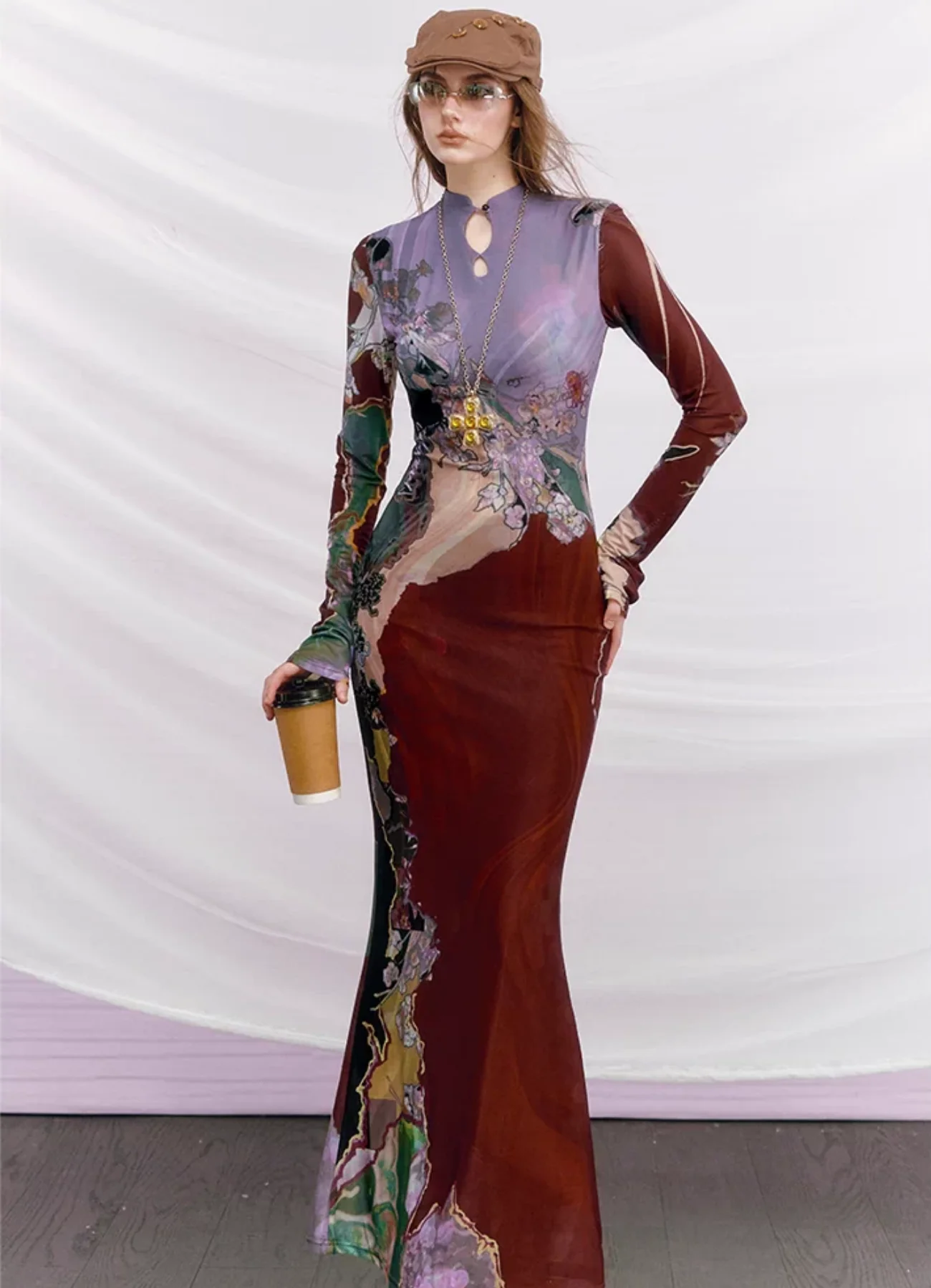 Du Sancai 度三彩 Tricolor Pottery New Chinese Style Long Sleeve Qipao - Image 6