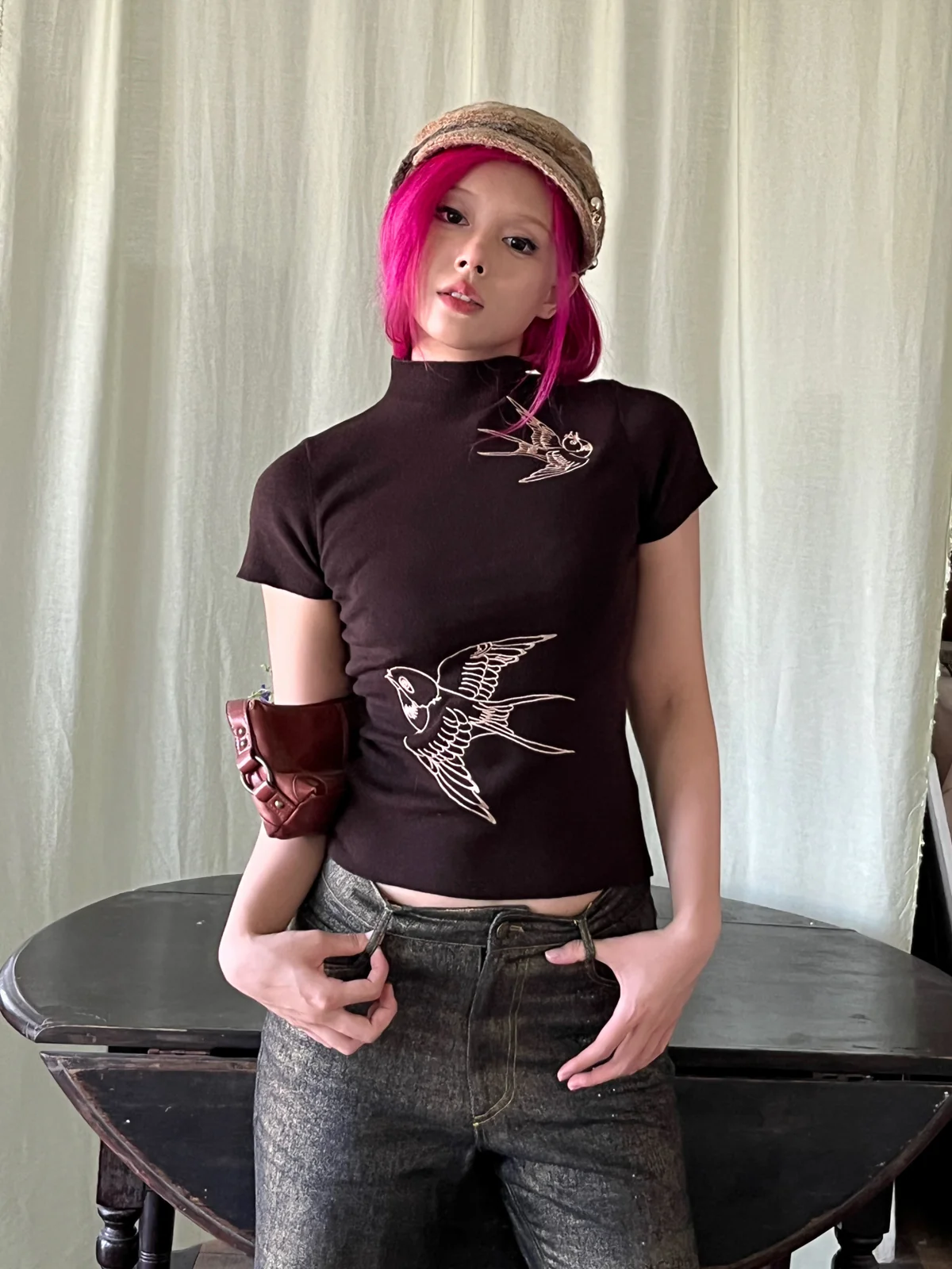 Fei Yan 飞燕 Flying Sparrow New Chinese Style Knit Short Sleeve Turtleneck Top - Image 8