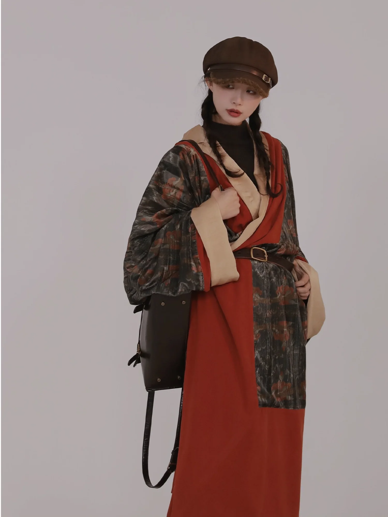 Fu Qin 抚琴 Playing the Zither Modernized Han Reversible Velvet Zhiju Straight Hem Robe Coat - Image 7