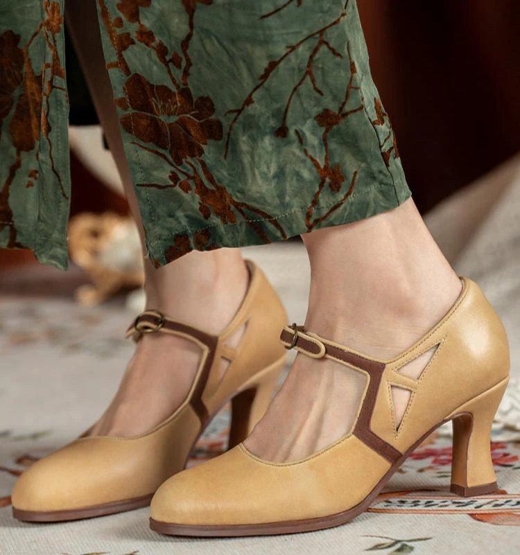 Gu Nü 古女 Vintage Girl 1920s Contrast Trim Genuine Leather Mary Janes - Image 10