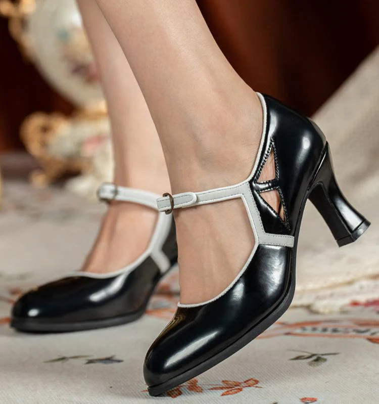 Gu Nü 古女 Vintage Girl 1920s Contrast Trim Genuine Leather Mary Janes - Image 5