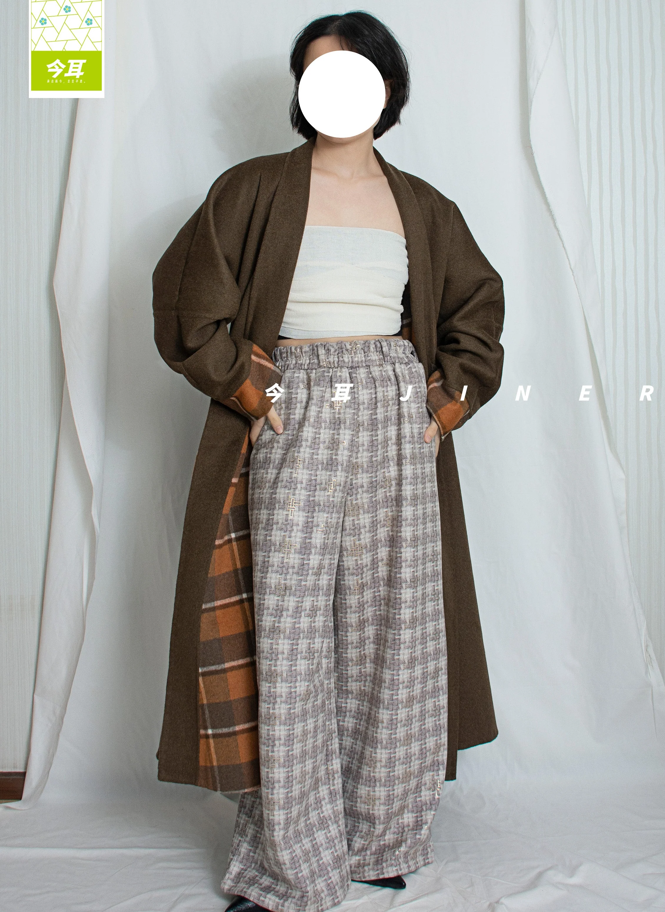 Guagua 瓜瓜 Pumpkin Pumpkin Modernized Early Ming Reversible Plaid Sheep's Wool Coat - Image 8