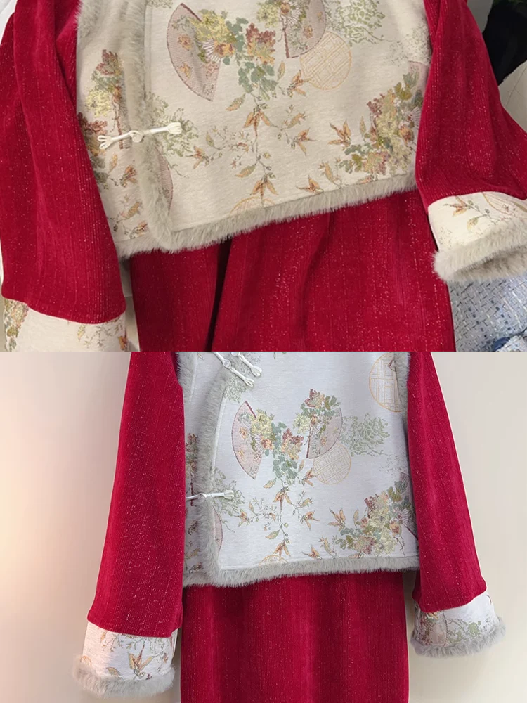 Hong Bao 红包 Red Envelope 1920s Inspired Plus Size Winter Qipao & Majia Vest Set - Image 13