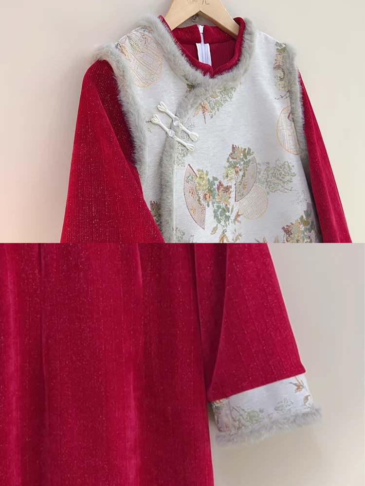 Hong Bao 红包 Red Envelope 1920s Inspired Plus Size Winter Qipao & Majia Vest Set - Image 14