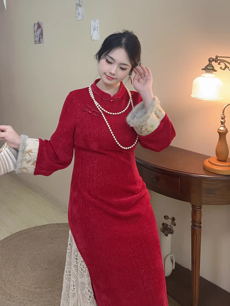 Hong Bao 红包 Red Envelope 1920s Inspired Plus Size Winter Qipao & Majia Vest Set - Image 8