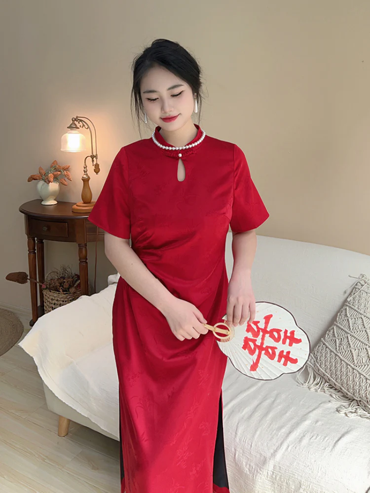 Hong Zhuang 红妆 Red Makeup Plus Size New Chinese Style Ruched Satin Qipao - Image 3