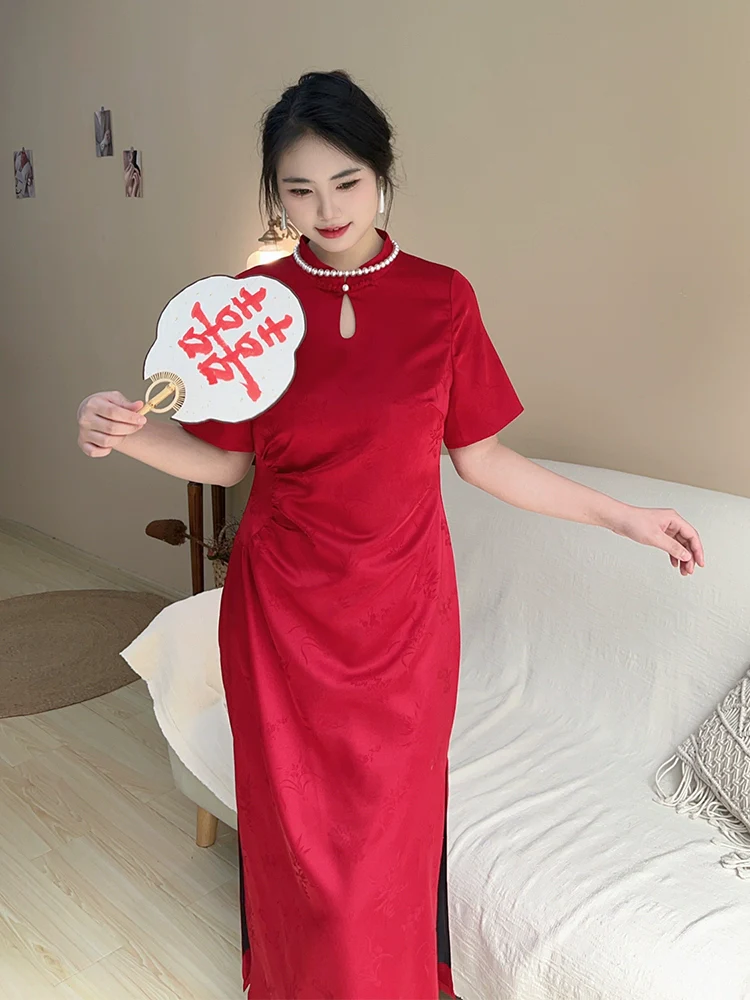 Hong Zhuang 红妆 Red Makeup Plus Size New Chinese Style Ruched Satin Qipao - Image 5