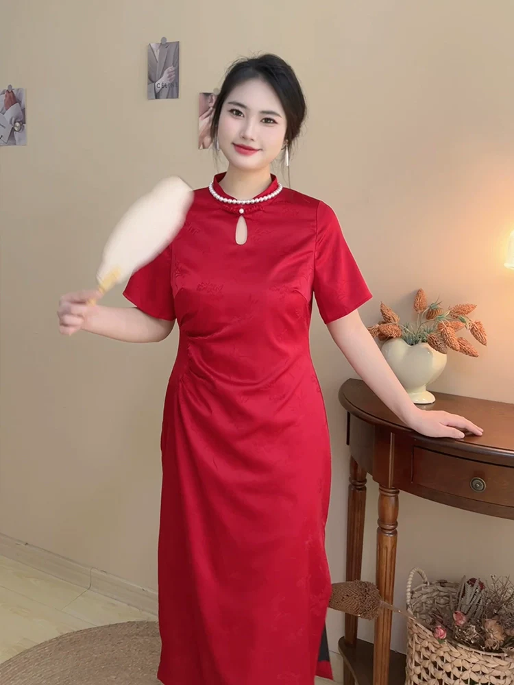 Hong Zhuang 红妆 Red Makeup Plus Size New Chinese Style Ruched Satin Qipao - Image 6