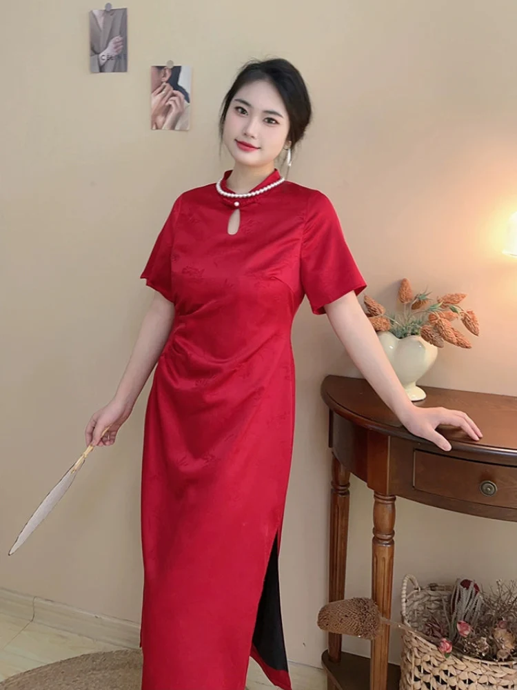 Hong Zhuang 红妆 Red Makeup Plus Size New Chinese Style Ruched Satin Qipao - Image 7