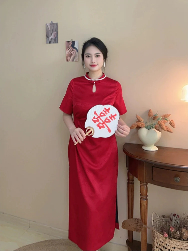 Hong Zhuang 红妆 Red Makeup Plus Size New Chinese Style Ruched Satin Qipao - Image 8