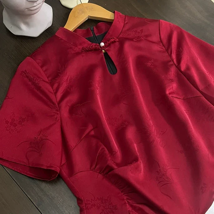 Hong Zhuang 红妆 Red Makeup Plus Size New Chinese Style Ruched Satin Qipao - Image 9