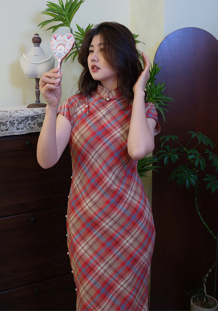 Huan Youji 环游记 Traveller Republic of China Plaid Pure Cotton Short Sleeve Qipao - Image 6