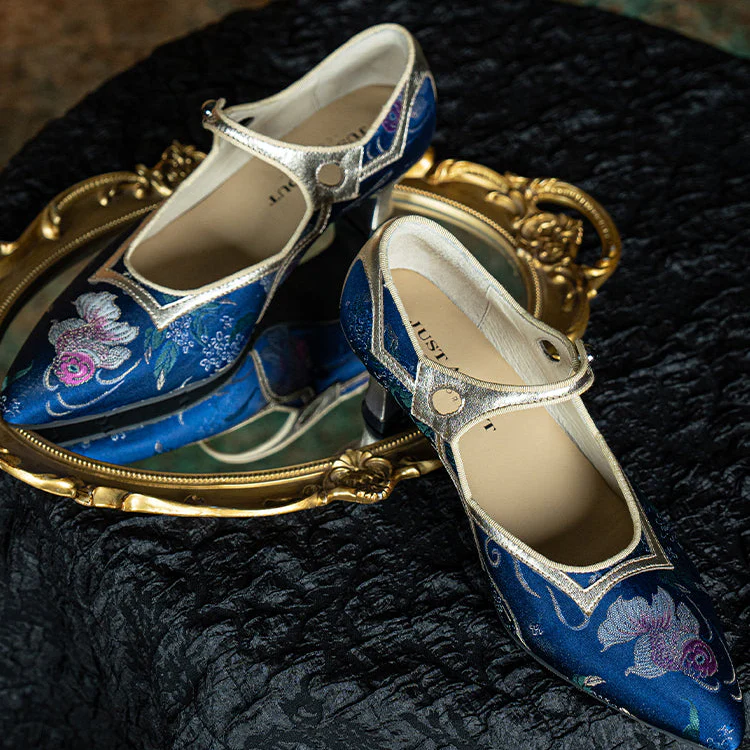 Jinbu Fa 锦步伐 Graceful Pace 1930s Brocade Satin Point Toe Mary Jane Kitten Heels - Image 14