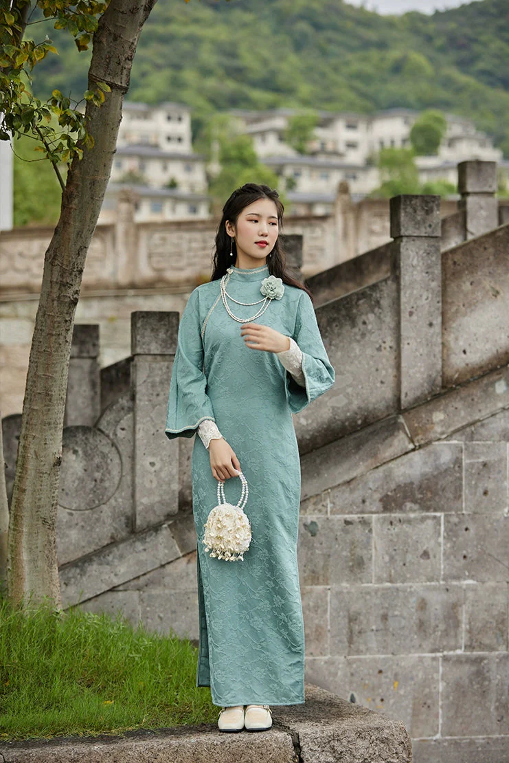 Lan Cao 兰草 Orchid Flowers 1930s Cotton Jacquard Bottleneck Qipao - Image 3