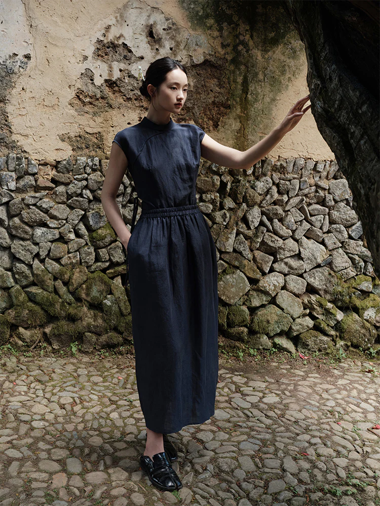 Lan Su 蓝溯 Tracing Blue New Chinese Style Summer Tencel Linen Qipao Top & Skirt Set - Image 10