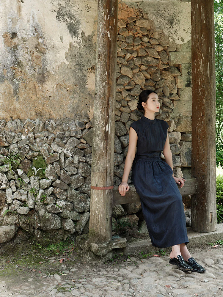 Lan Su 蓝溯 Tracing Blue New Chinese Style Summer Tencel Linen Qipao Top & Skirt Set - Image 12
