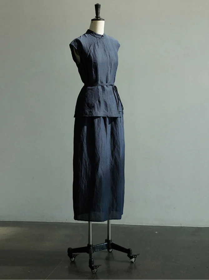 Lan Su 蓝溯 Tracing Blue New Chinese Style Summer Tencel Linen Qipao Top & Skirt Set - Image 13