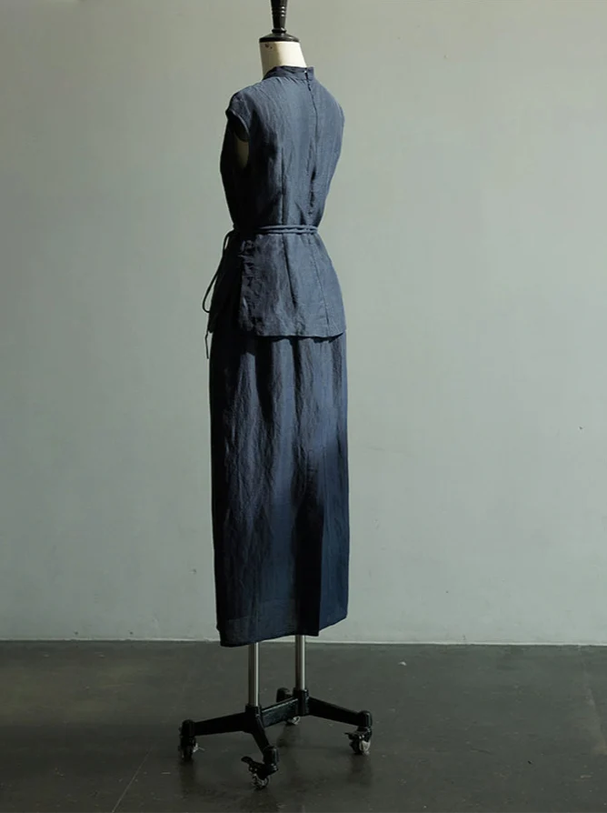 Lan Su 蓝溯 Tracing Blue New Chinese Style Summer Tencel Linen Qipao Top & Skirt Set - Image 14
