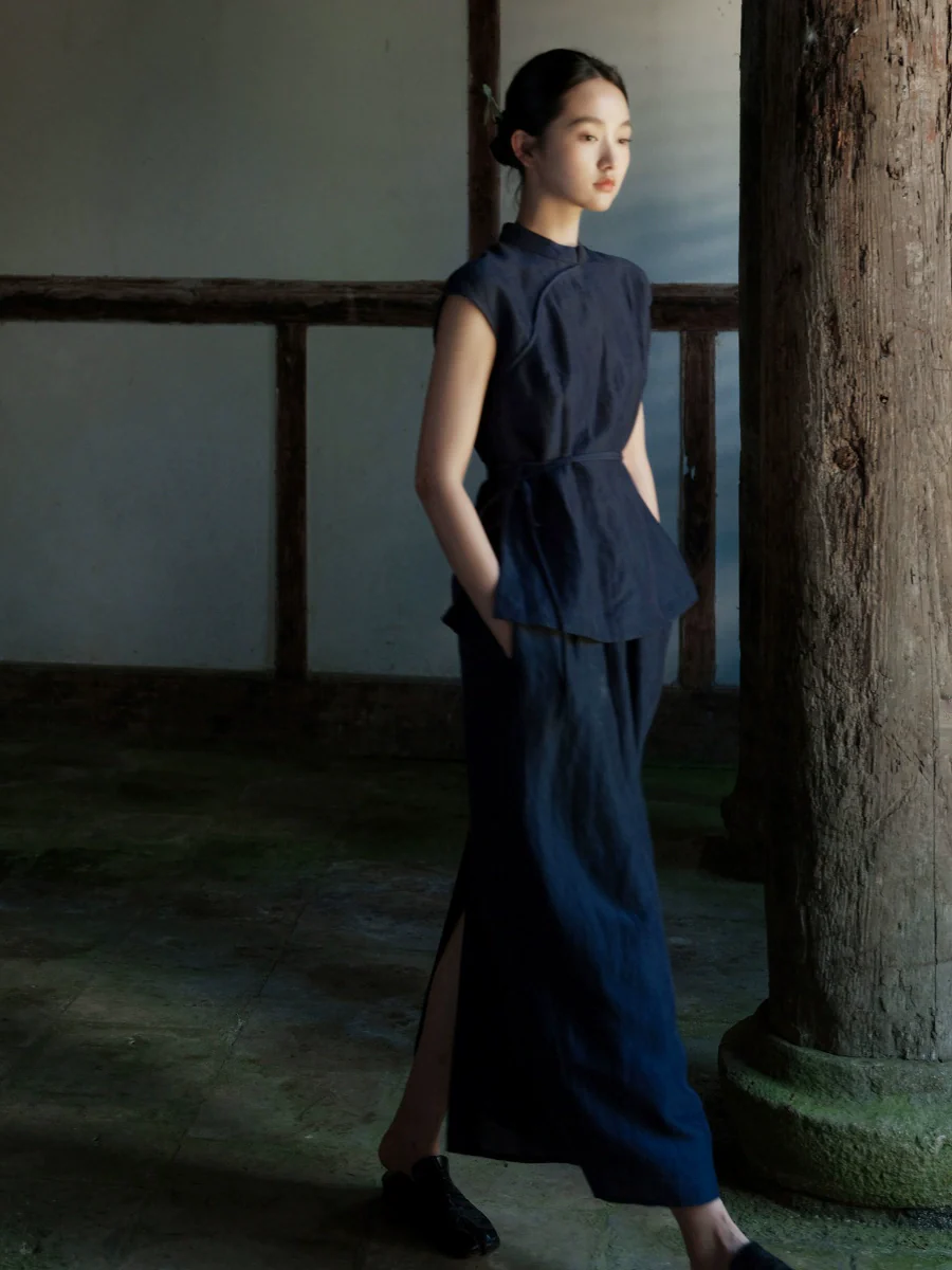 Lan Su 蓝溯 Tracing Blue New Chinese Style Summer Tencel Linen Qipao Top & Skirt Set - Image 2