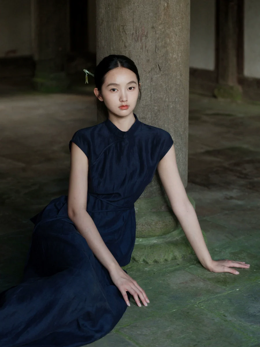 Lan Su 蓝溯 Tracing Blue New Chinese Style Summer Tencel Linen Qipao Top & Skirt Set - Image 4