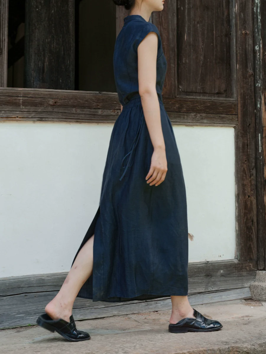Lan Su 蓝溯 Tracing Blue New Chinese Style Summer Tencel Linen Qipao Top & Skirt Set - Image 5