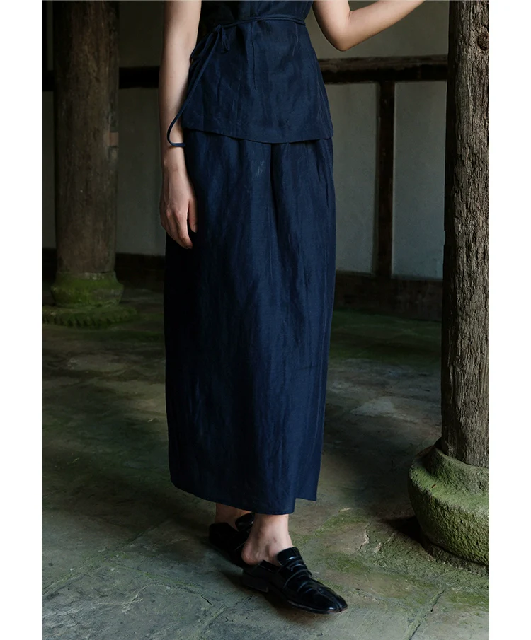 Lan Su 蓝溯 Tracing Blue New Chinese Style Summer Tencel Linen Qipao Top & Skirt Set - Image 6