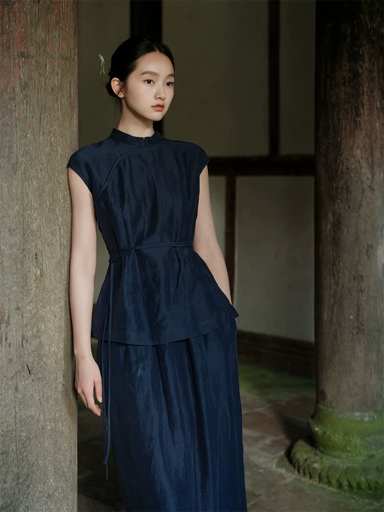 Lan Su 蓝溯 Tracing Blue New Chinese Style Summer Tencel Linen Qipao Top & Skirt Set - Image 7