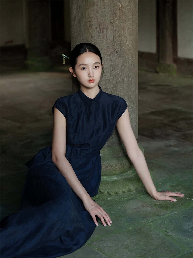 Lan Su 蓝溯 Tracing Blue New Chinese Style Summer Tencel Linen Qipao Top & Skirt Set - Image 8