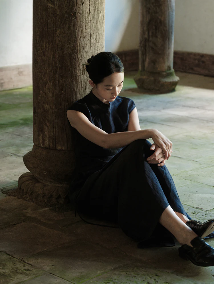 Lan Su 蓝溯 Tracing Blue New Chinese Style Summer Tencel Linen Qipao Top & Skirt Set - Image 9