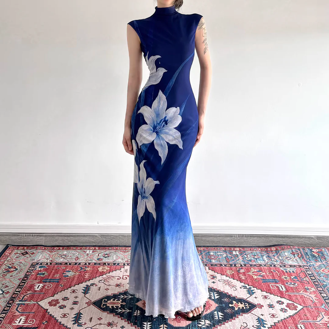 Lan Ting 兰亭 Orchid Pavilion New Chinese Style Ombre Sleeveless Qipao - Image 2