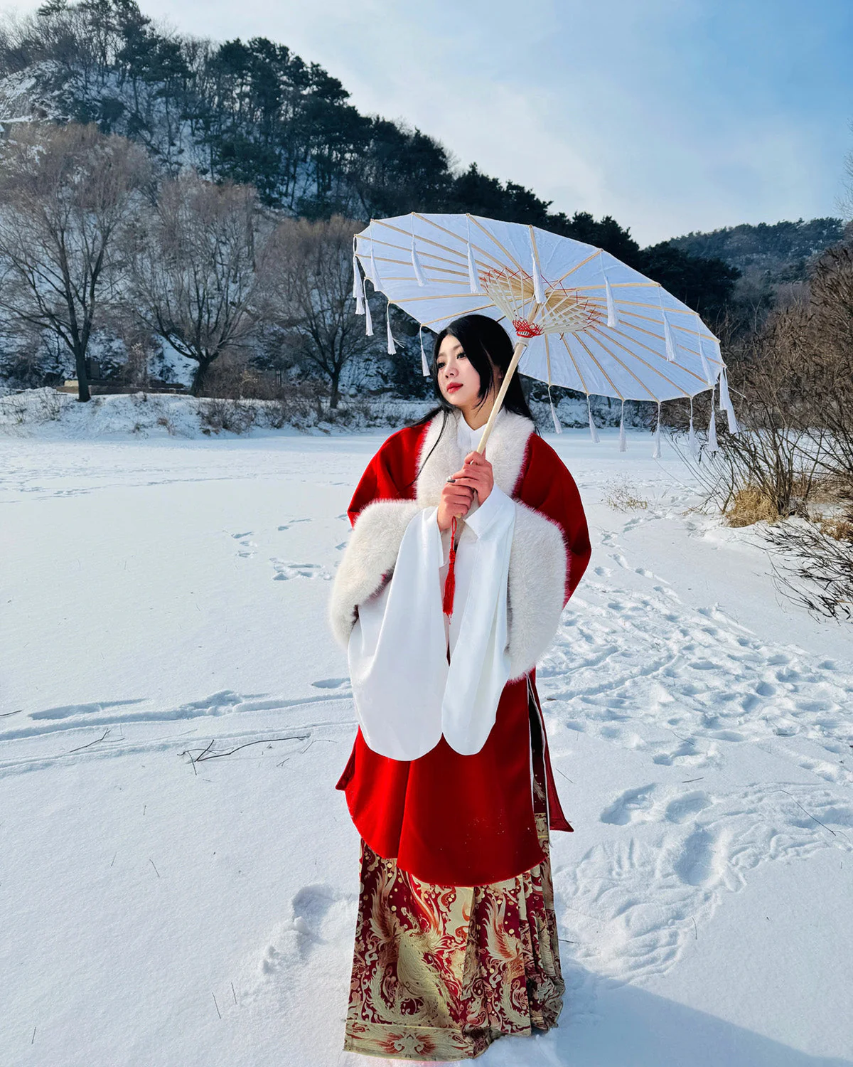 Li Luo 梨落 Pear Blossom Ming Dynasty Plus Size Pifeng Faux Fur Coat & Changshan Long Top Set - Image 12