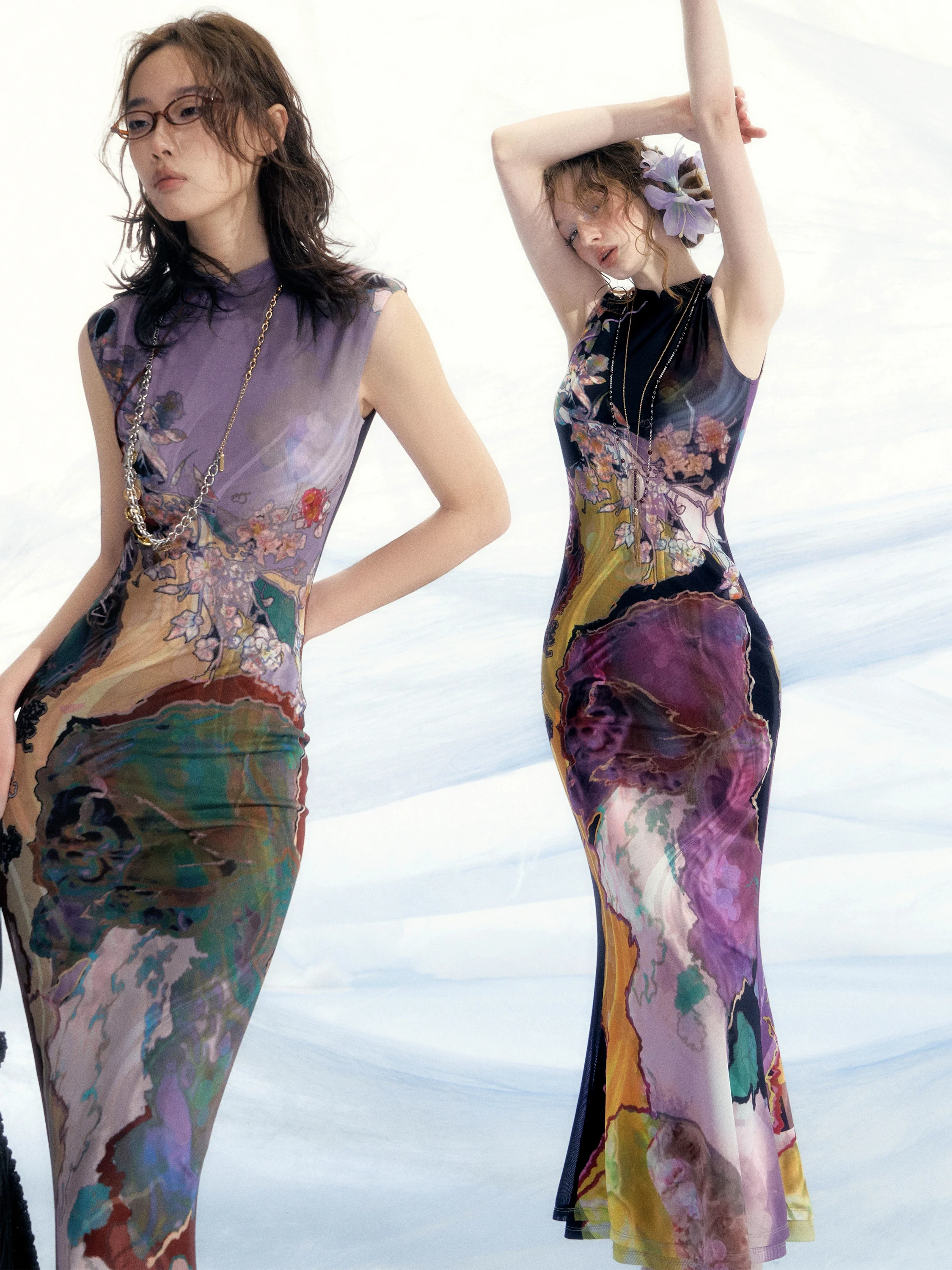 Li Meng 李梦 Plum Dream New Chinese Style Tricolor Print Sleeveless Qipao