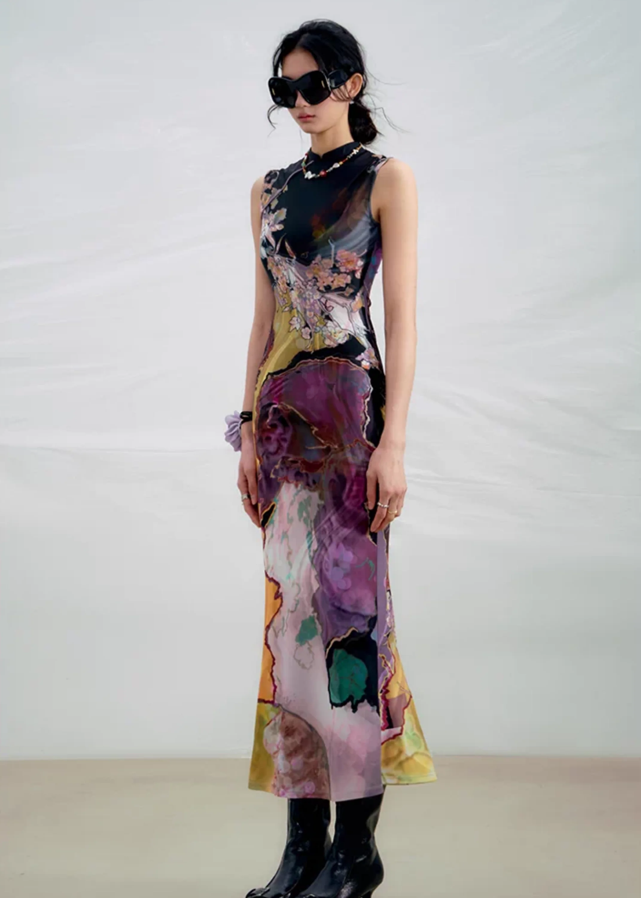 Li Meng 李梦 Plum Dream New Chinese Style Tricolor Print Sleeveless Qipao - Image 16