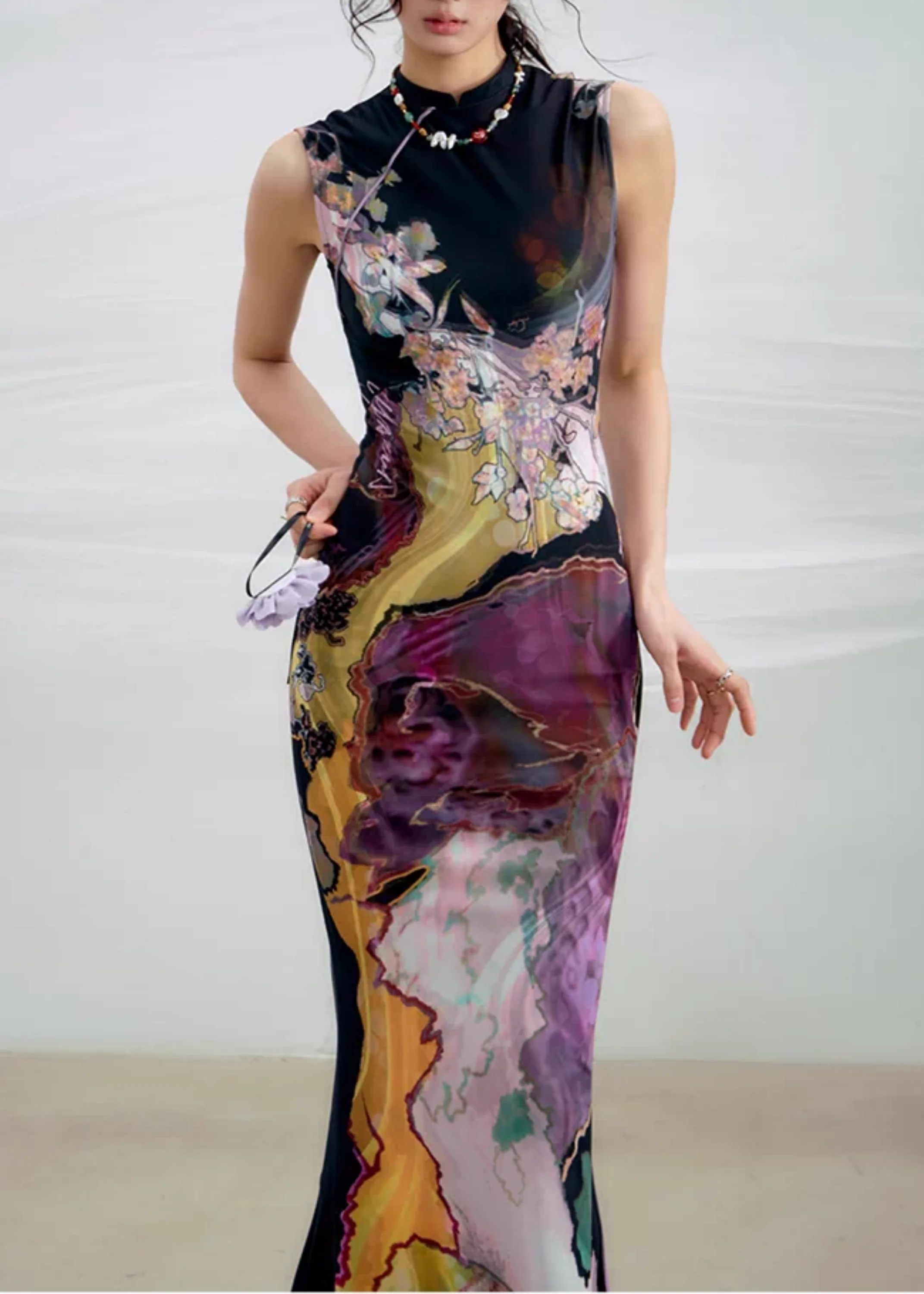 Li Meng 李梦 Plum Dream New Chinese Style Tricolor Print Sleeveless Qipao - Image 17