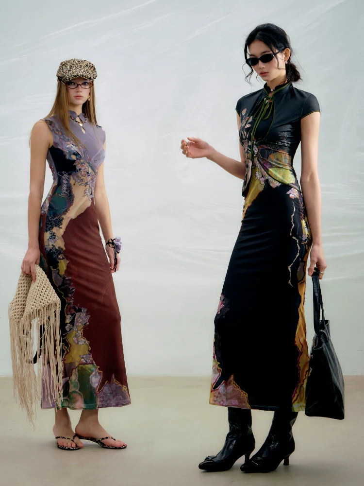 Li Meng 李梦 Plum Dream New Chinese Style Tricolor Print Sleeveless Qipao - Image 4