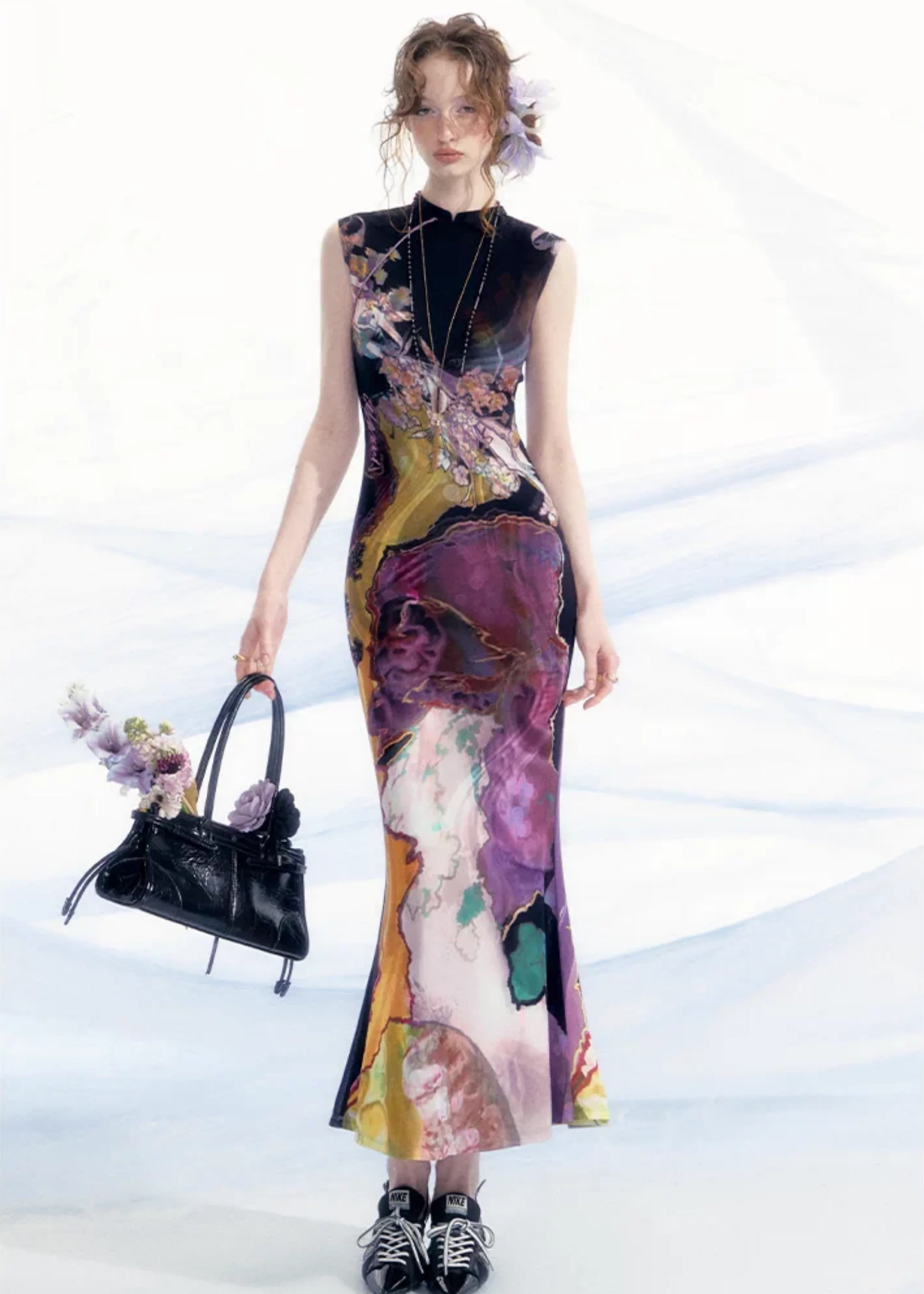 Li Meng 李梦 Plum Dream New Chinese Style Tricolor Print Sleeveless Qipao - Image 7