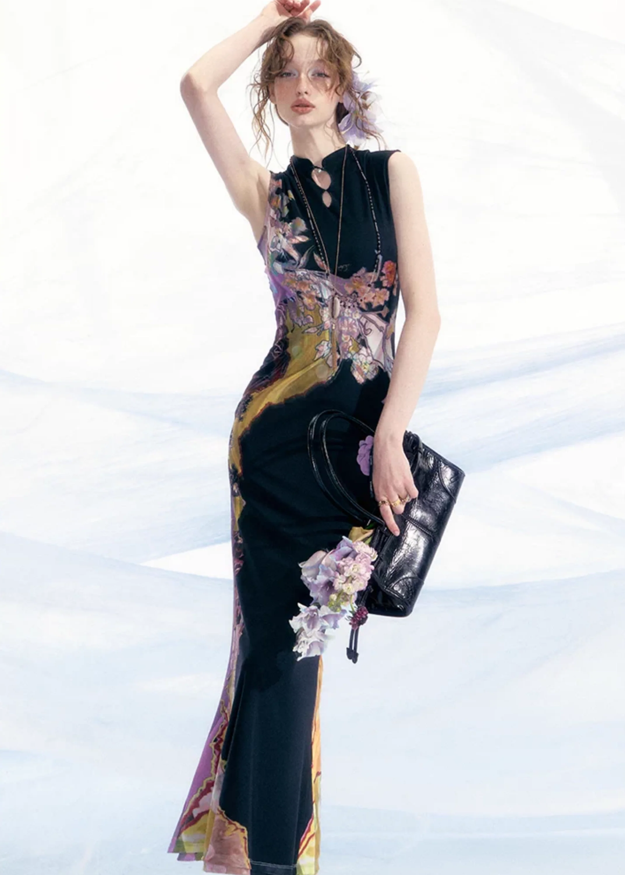 Li Meng 李梦 Plum Dream New Chinese Style Tricolor Print Sleeveless Qipao - Image 8