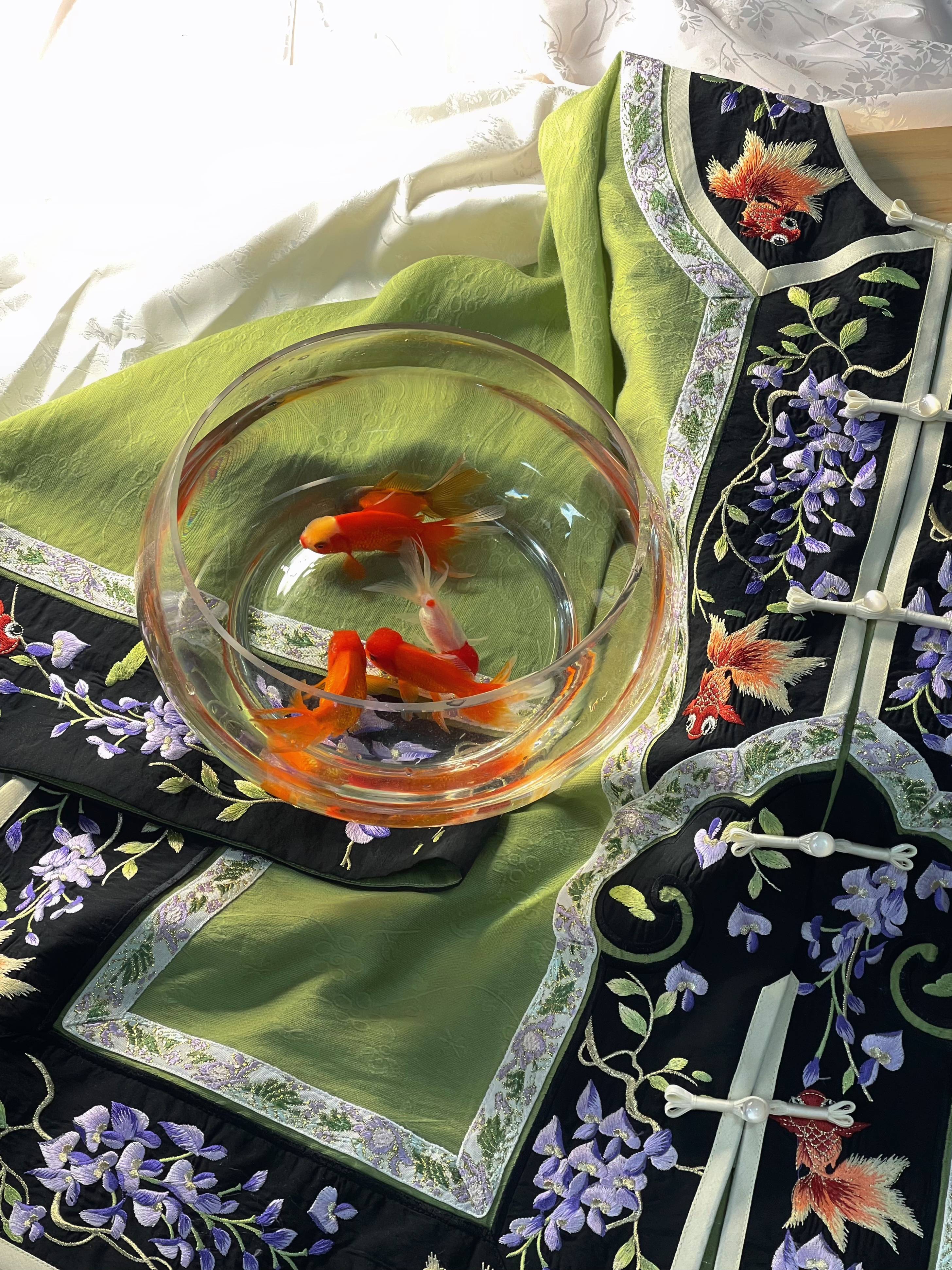 Lian Yi 涟漪 Pond Ripples Qing Dynasty Han Woman's Embroidered Goldfish Round Collar Magua & Pants - Image 9