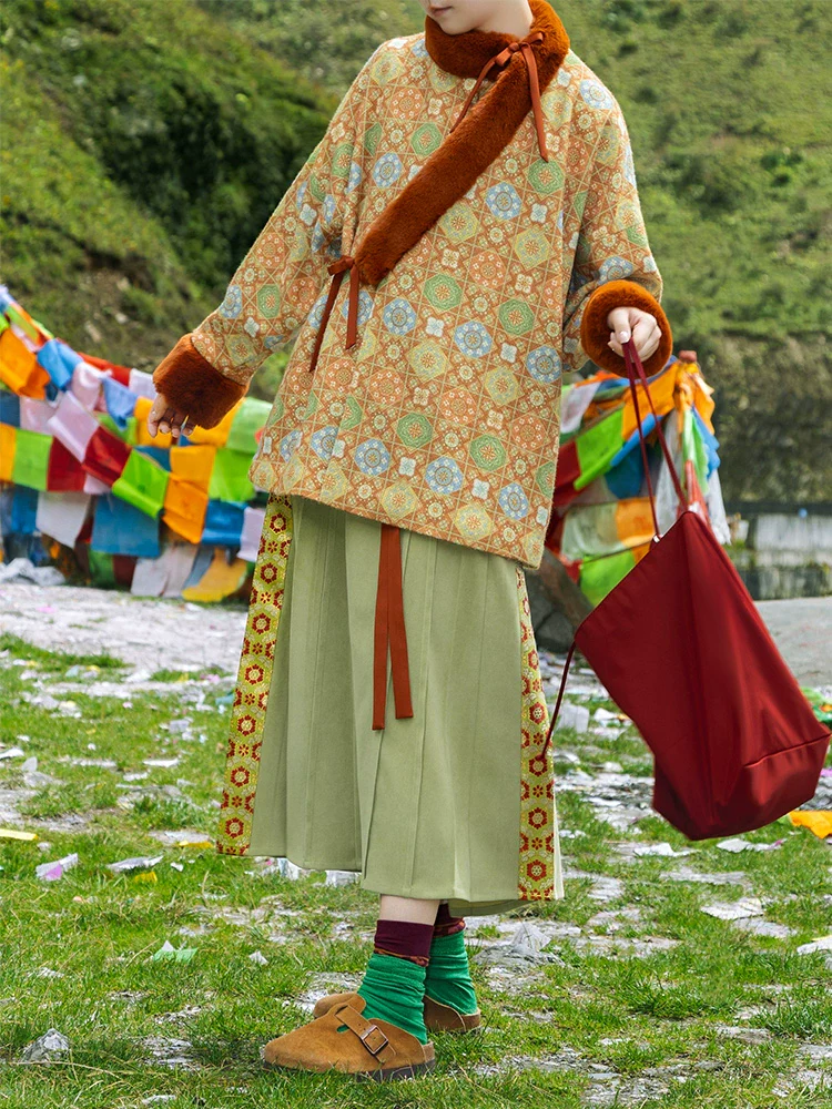 Lili Su 栗栗苏 Chestnut Candy Modern Weijin Quling Curved Collar Jacket & Midi Skirt Set - Image 2
