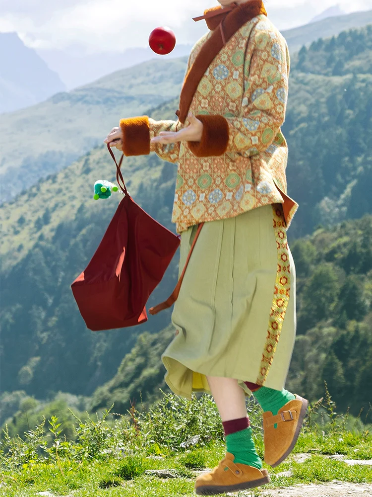 Lili Su 栗栗苏 Chestnut Candy Modern Weijin Quling Curved Collar Jacket & Midi Skirt Set - Image 4