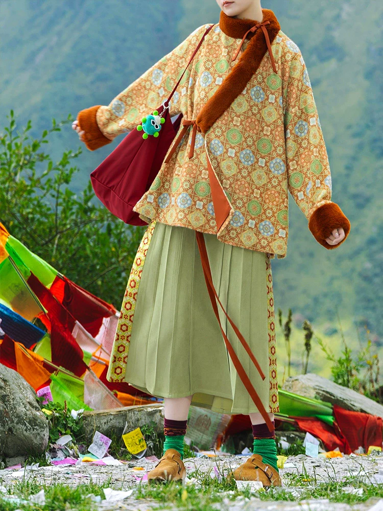 Lili Su 栗栗苏 Chestnut Candy Modern Weijin Quling Curved Collar Jacket & Midi Skirt Set - Image 5