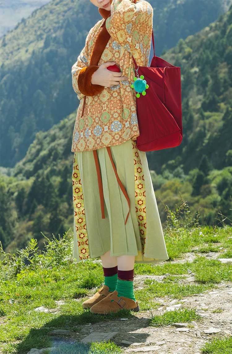 Lili Su 栗栗苏 Chestnut Candy Modern Weijin Quling Curved Collar Jacket & Midi Skirt Set - Image 6