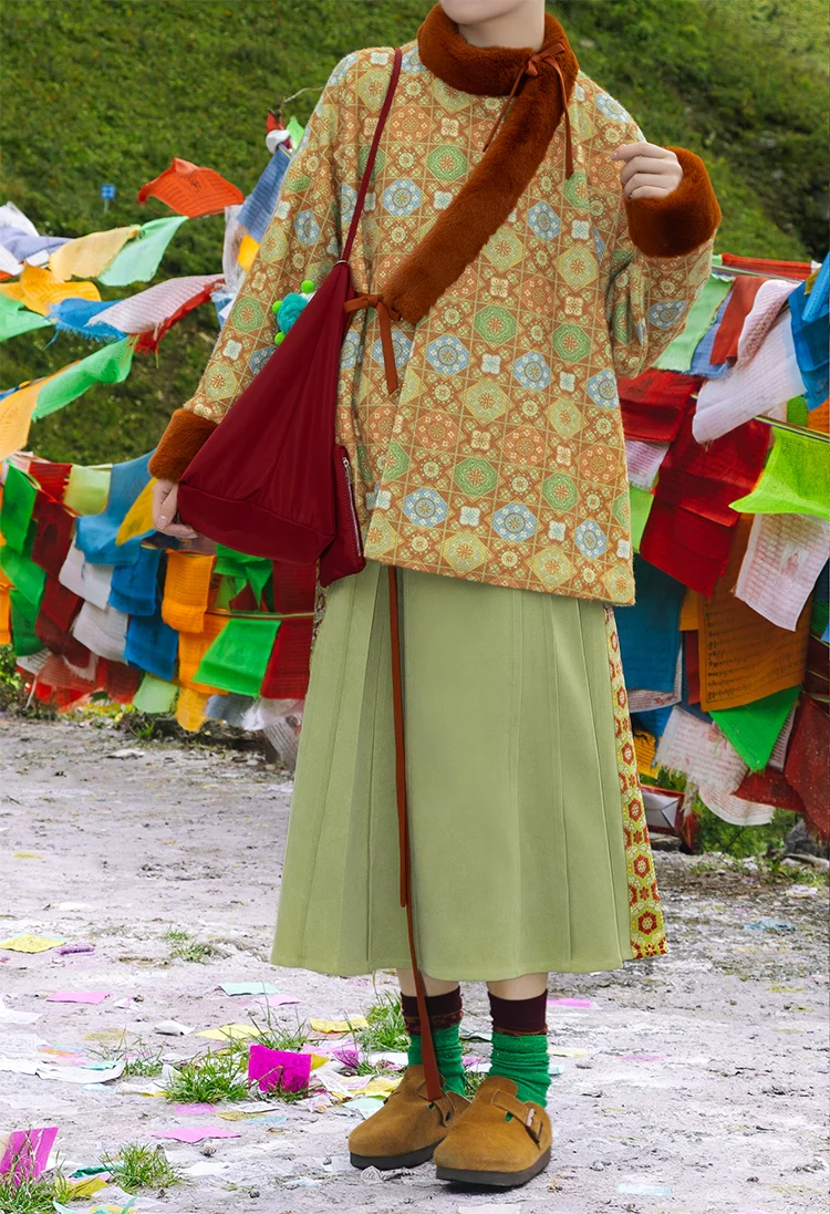 Lili Su 栗栗苏 Chestnut Candy Modern Weijin Quling Curved Collar Jacket & Midi Skirt Set - Image 7